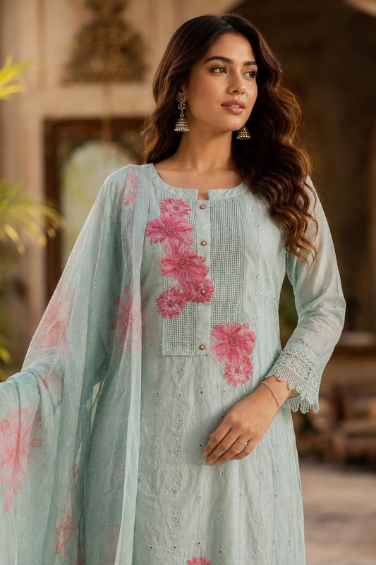 Raniriwaaz Mint Blossom Embroidered Kurta Set