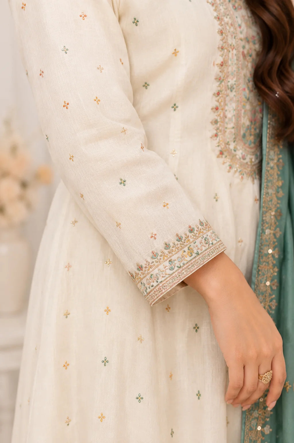 White Floral Embroidered Anarkali Frock Suit with Teal Dupatta