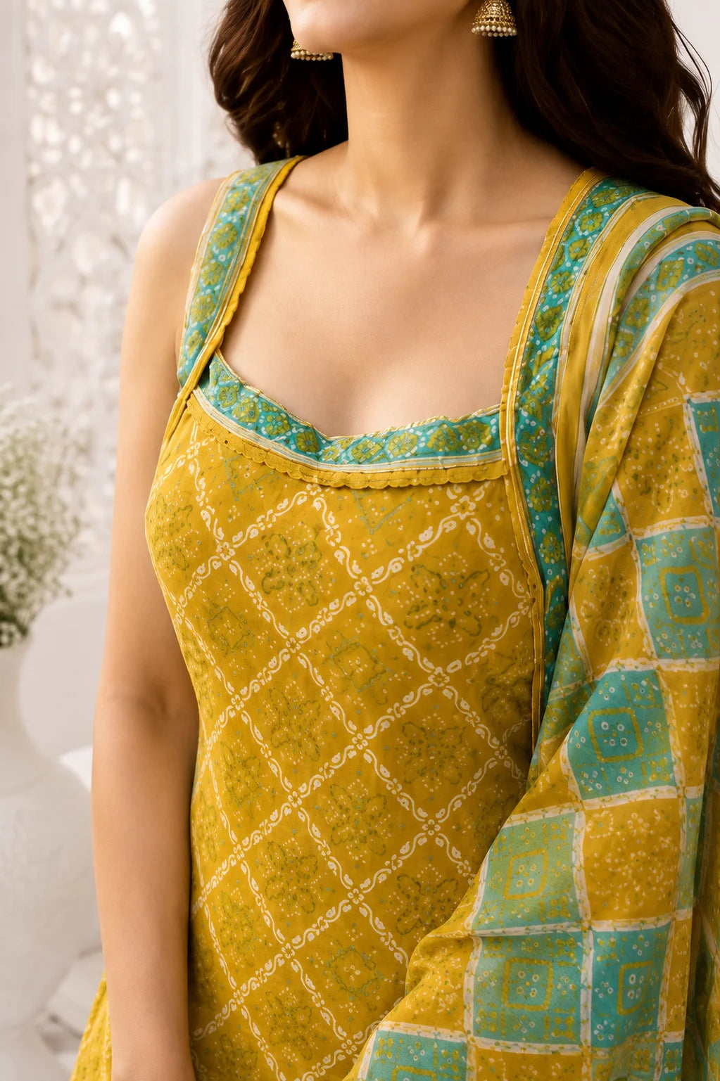 Mustard Bloom Bandhani Kurti Set