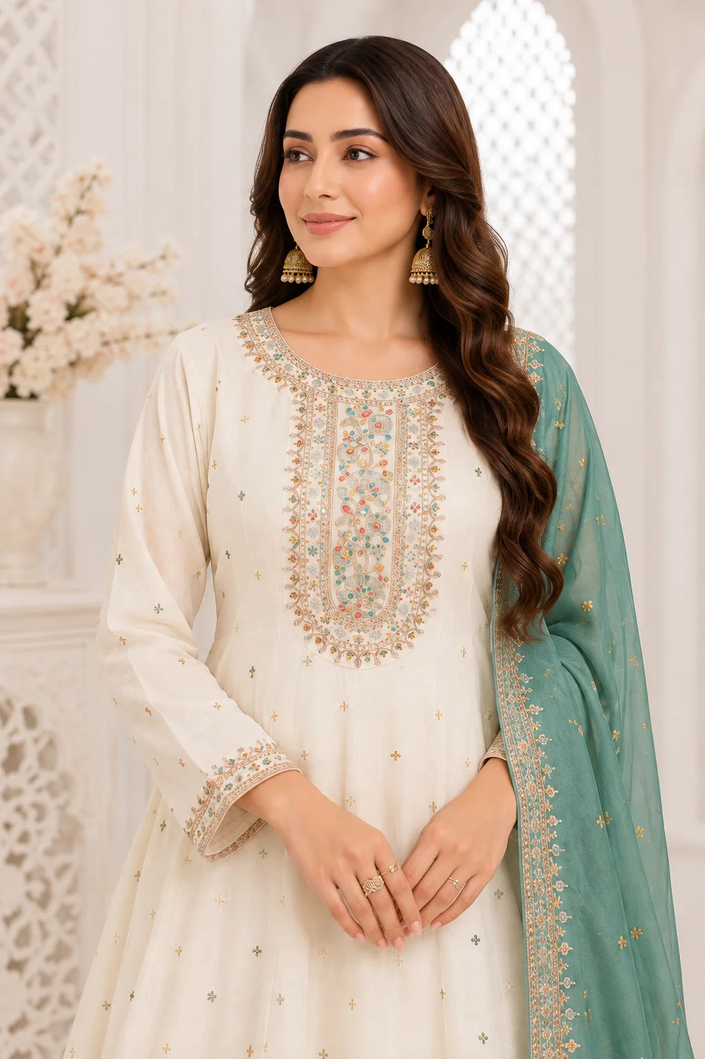 White Floral Embroidered Anarkali Frock Suit with Teal Dupatta