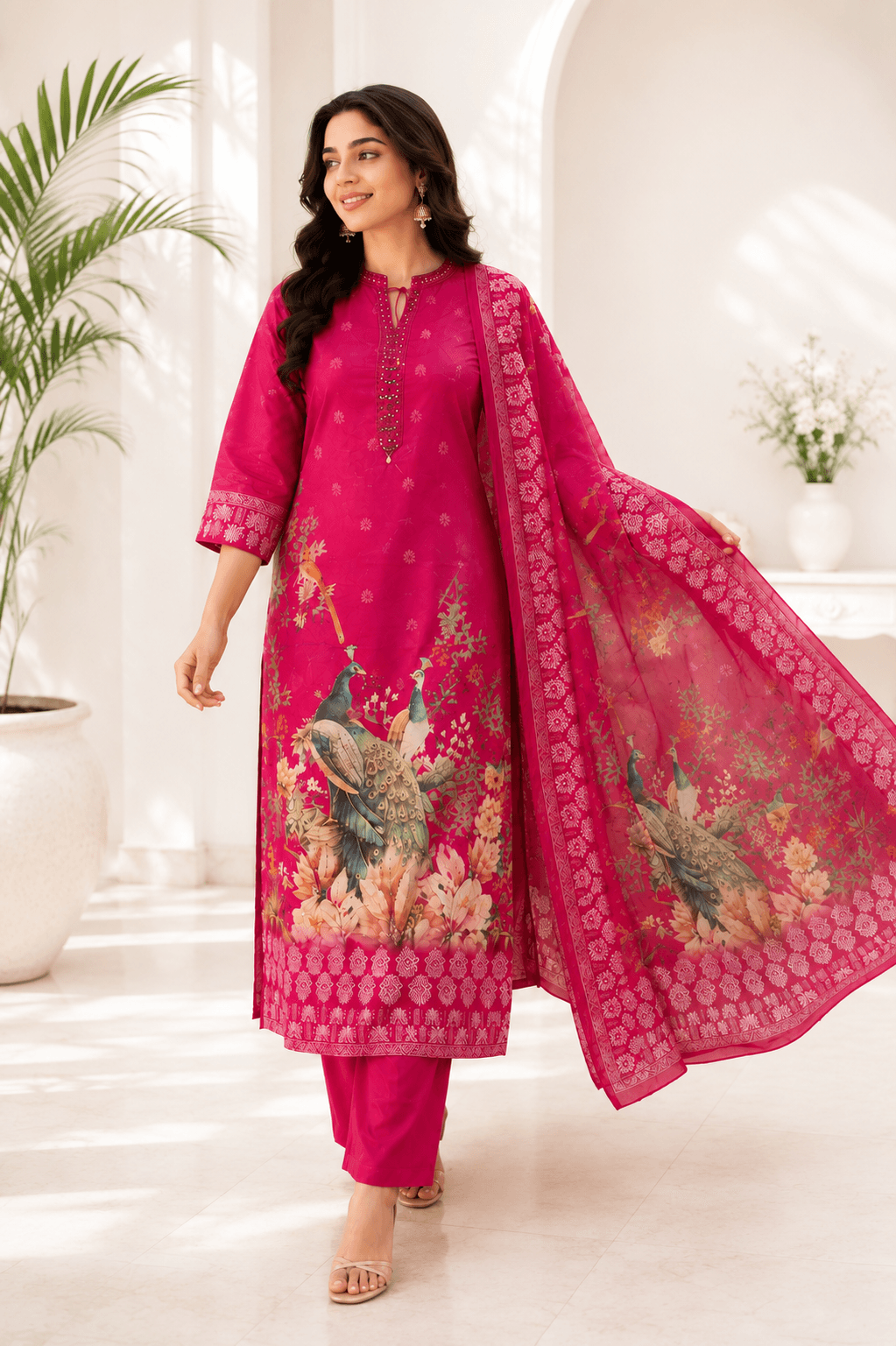 Raniriwaaz Peacock Bloom Hot Pink Kurta Sets