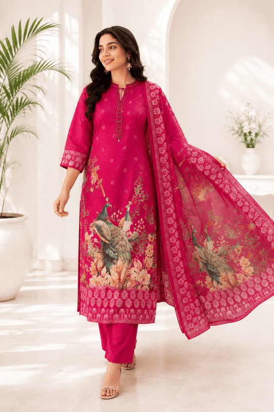 Raniriwaaz Peacock Bloom Hot Pink Kurta Sets