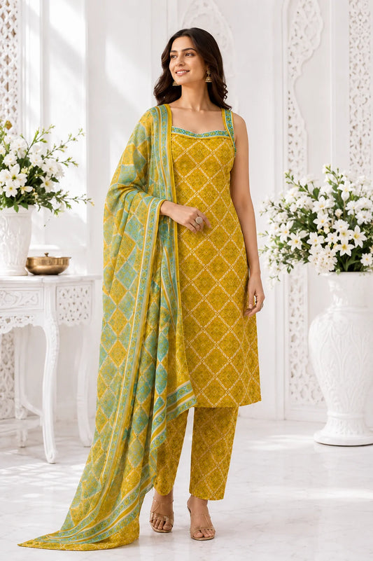 Mustard Bloom Bandhani Kurti Set