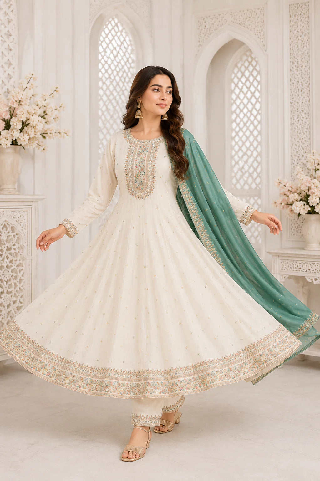 White Floral Embroidered Anarkali Frock Suit with Teal Dupatta