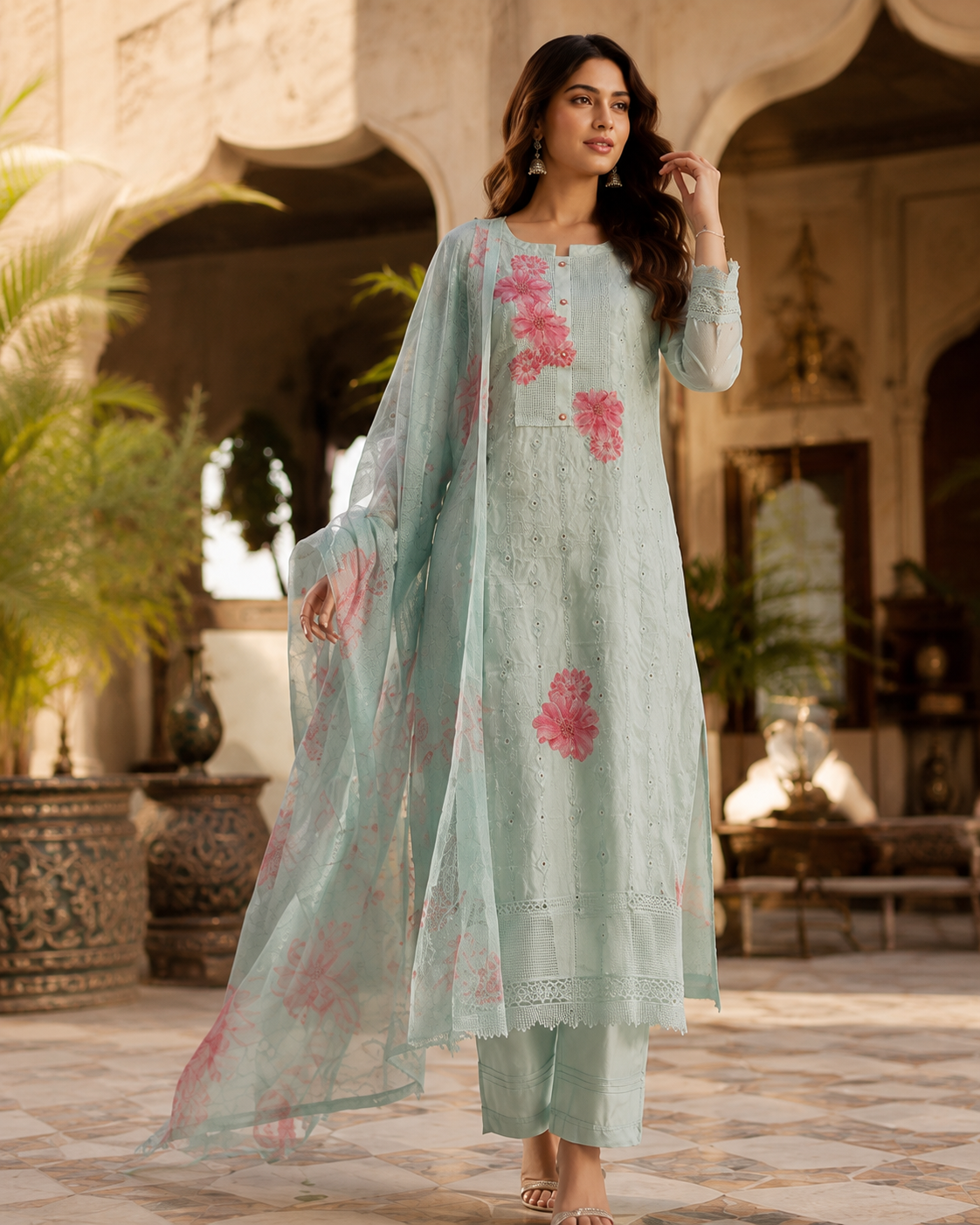 Raniriwaaz Mint Blossom Embroidered Kurta Set