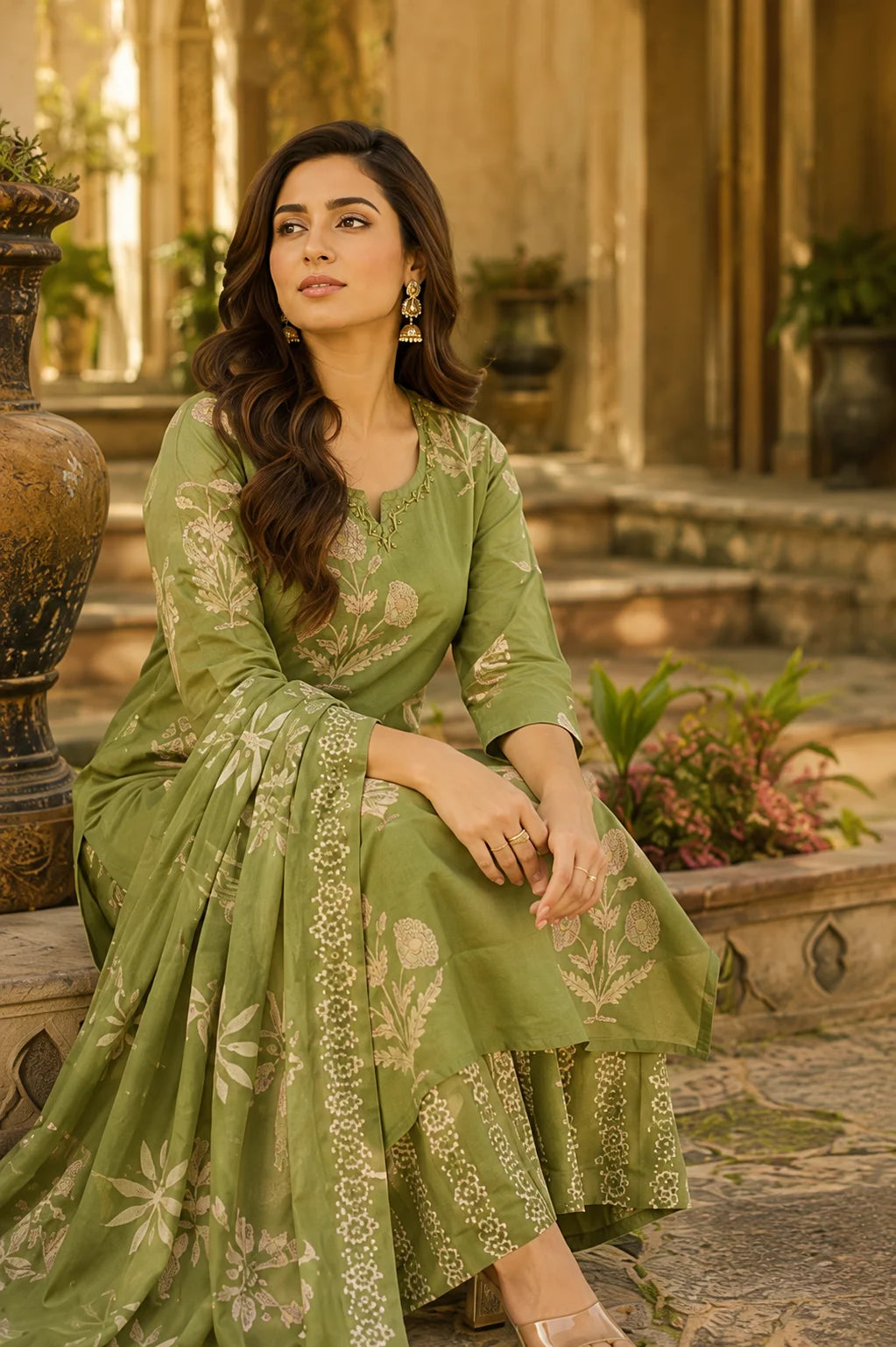 Olive Bloom Printed Kurti Set