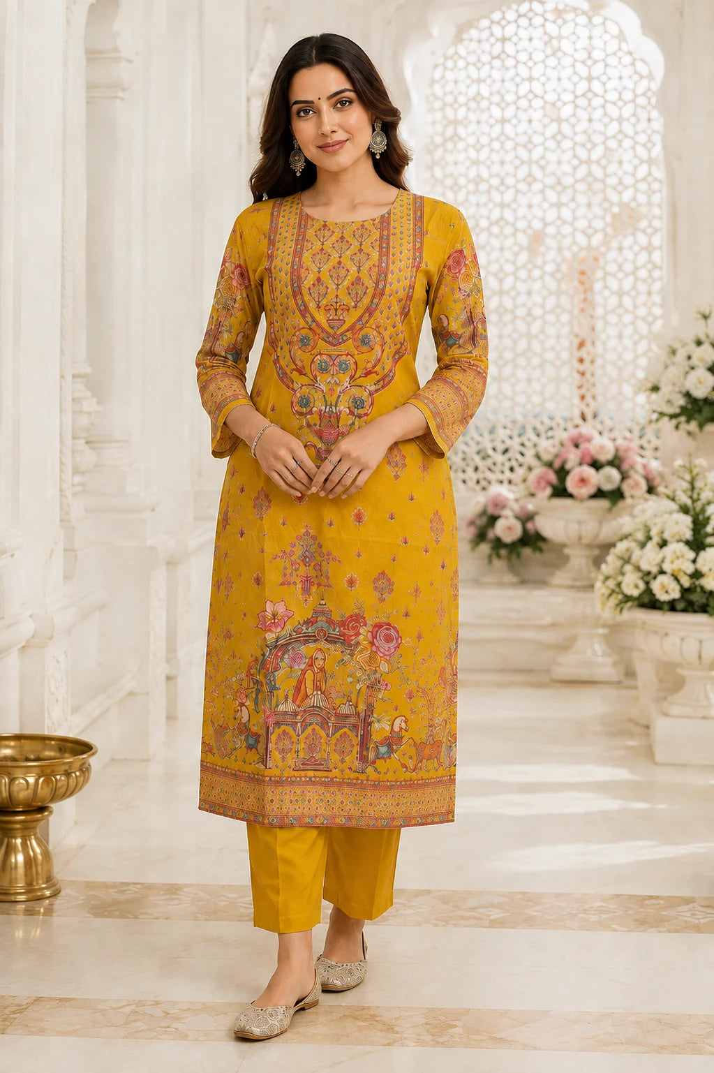 Mustard Heritage Printed Kurta Set