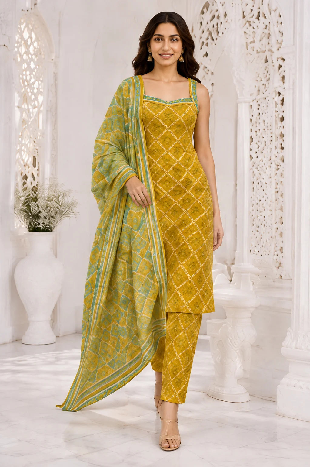 Mustard Bloom Bandhani Kurti Set