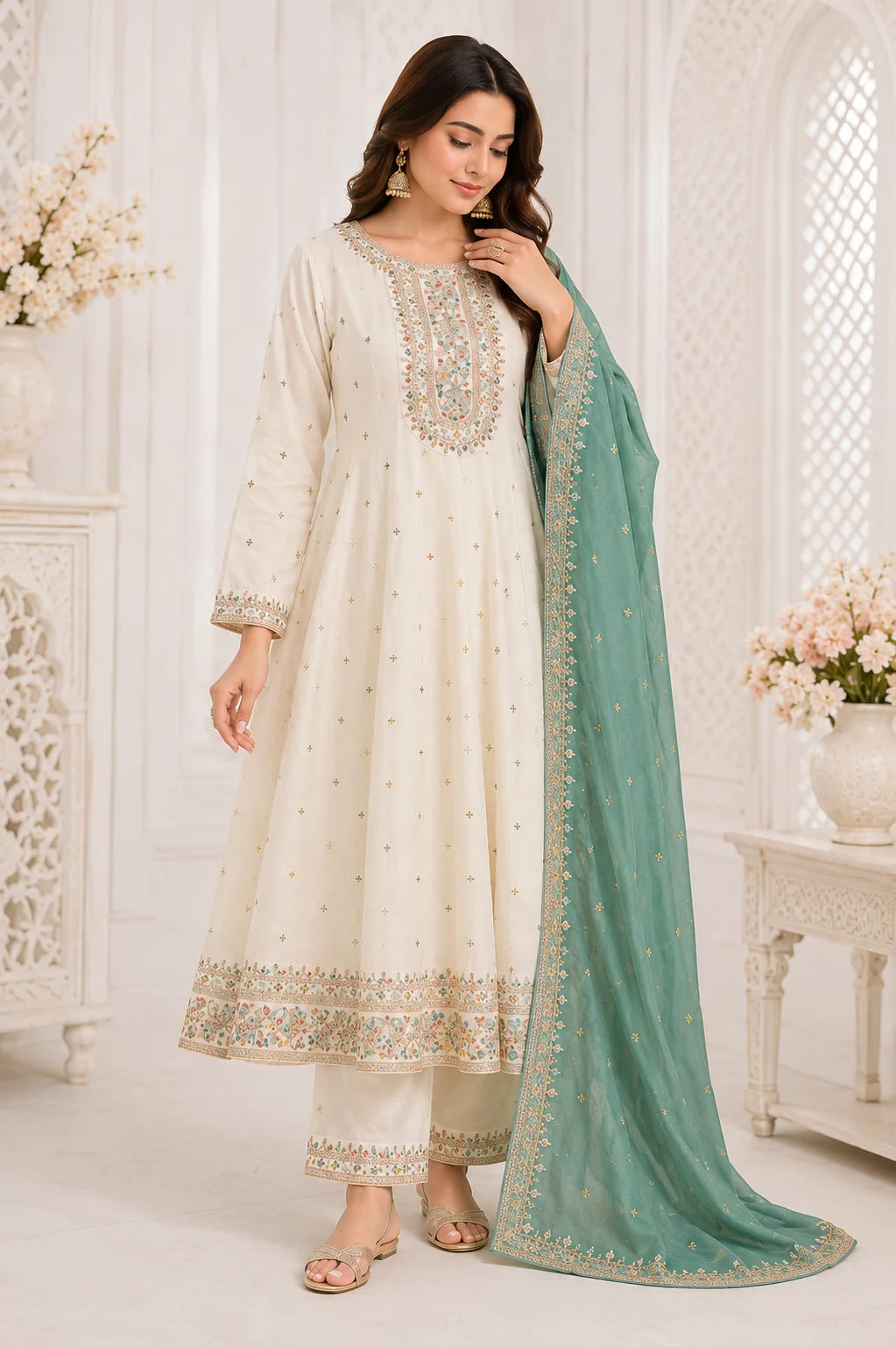 White Floral Embroidered Anarkali Frock Suit with Teal Dupatta